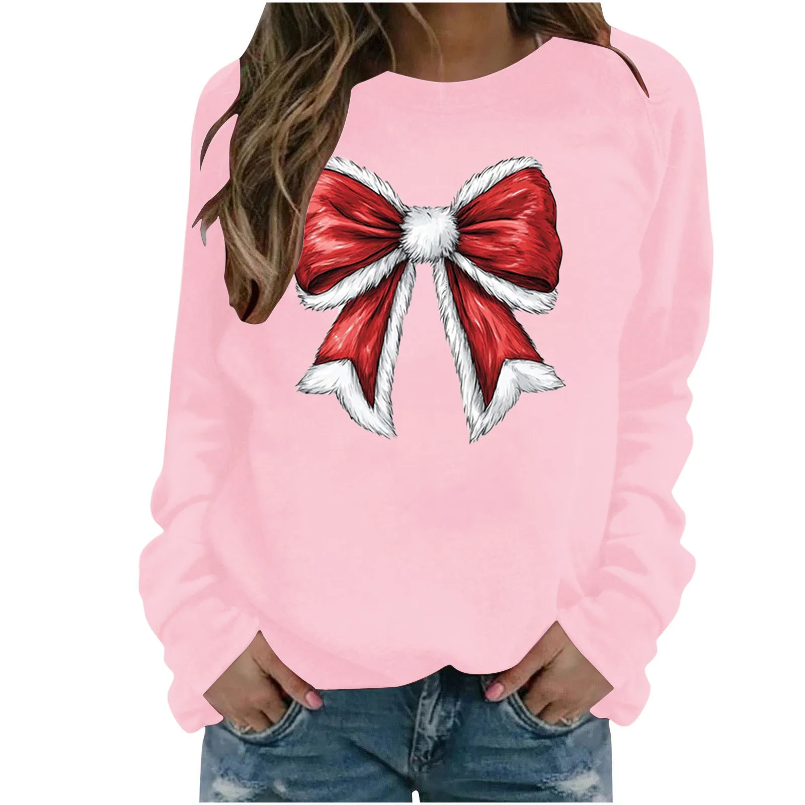 Fashion Christmas Bow Tie Print Hoodie Women Autumn And Winter O-neck Long Sleeves Pullover Loose Casual Hooded Sweatshirt Woman