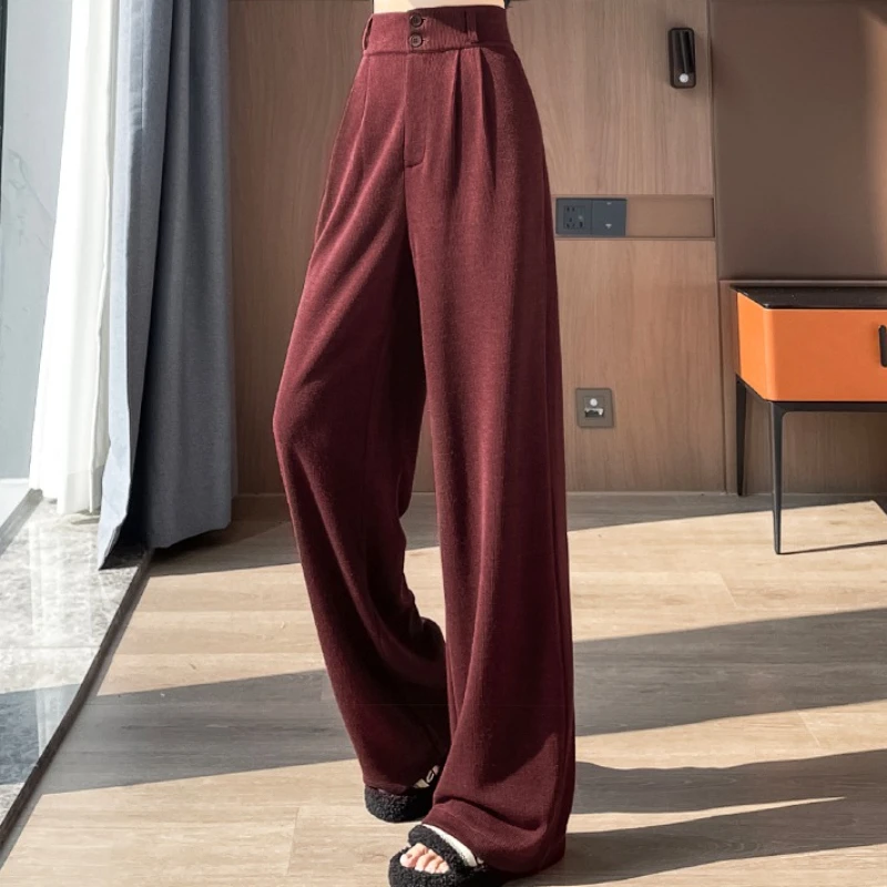 High Waist Autumn Winter Velvet Women's Wide Leg Pants 2025 New Buttons Casual Loose Solid Korean Full Length Trousers Female