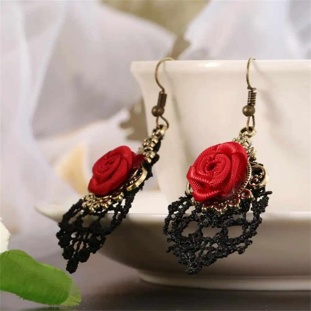 Dangle Earrings Portable Ladies Flower Shape Hook Earrings Elegant Eardrops Women Hollow Red Rose Hook Dangle Earrings