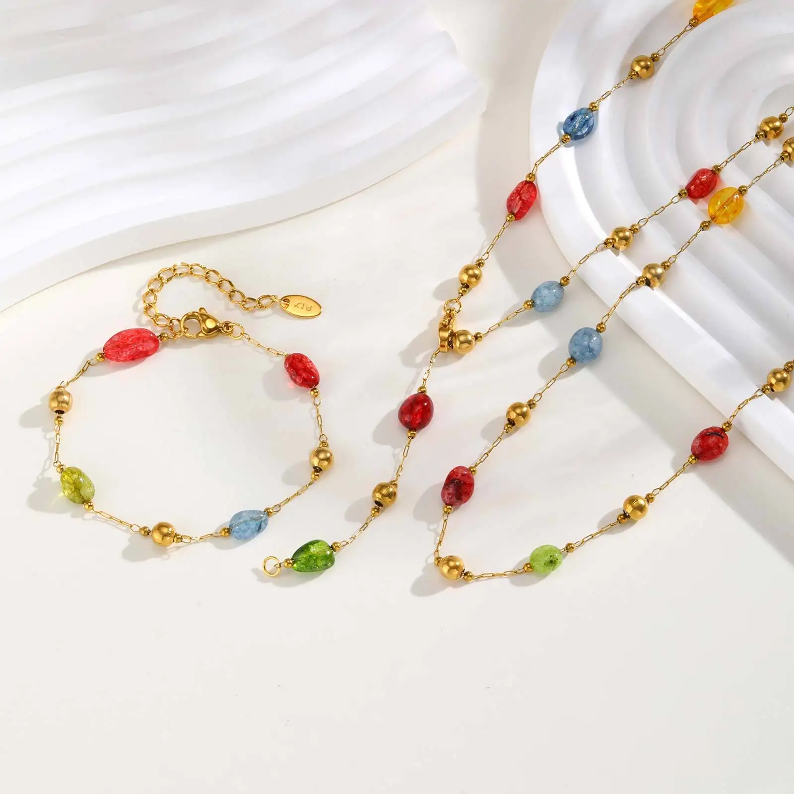 Lariat Y-drop Long Necklace for Women, Multipcolor Nature Stone Pendant, Stainless Steel Chain Adjustable Jewelry