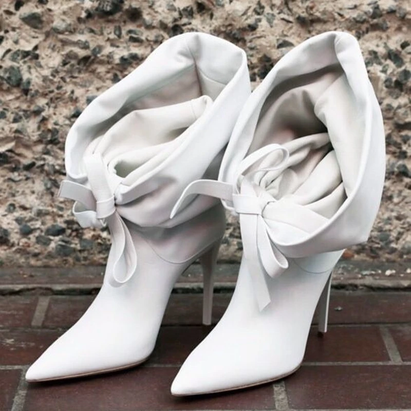 Newest White Piled Collar Butterfly-Knot Ankle Boots Matte Leather Turn-Over Pleated Pointed Toe Slip-On Thin Heels Women Shoes