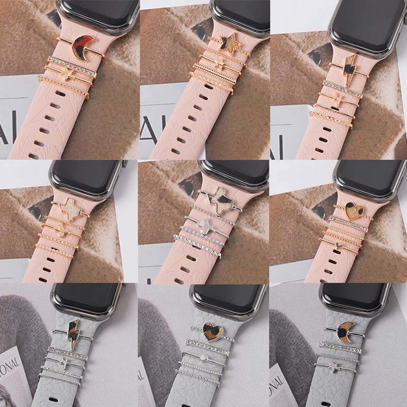 Silicone Watchband Ring Charms Sets for Apple Strap Leopard Moon Heart Accessories Ring Stud Charms for Iwatch Strap Decoration