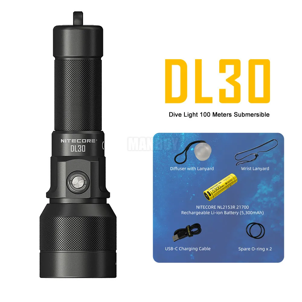 Original Nitecore DL30 1100 Lumen White Light 100M Submersible Dive Light Diving Flashlight +21700 Battery Outdoor Camping Torch