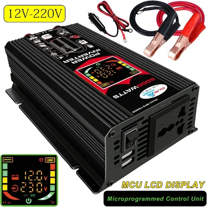 Pure Sine Wave Power Inverter DC12V to AC 220V 6000W Converter Car Digital Invertor Charger Adapter Dual USB LCD Display