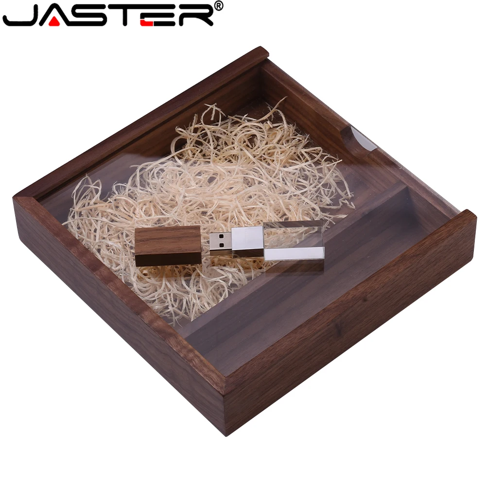 

JAETSR USB 2.0 Flash Drive 128GB Crystal Wooden Pen Drive 64GB Free Custom Logo Memory Stick Wedding Photography Album Gift