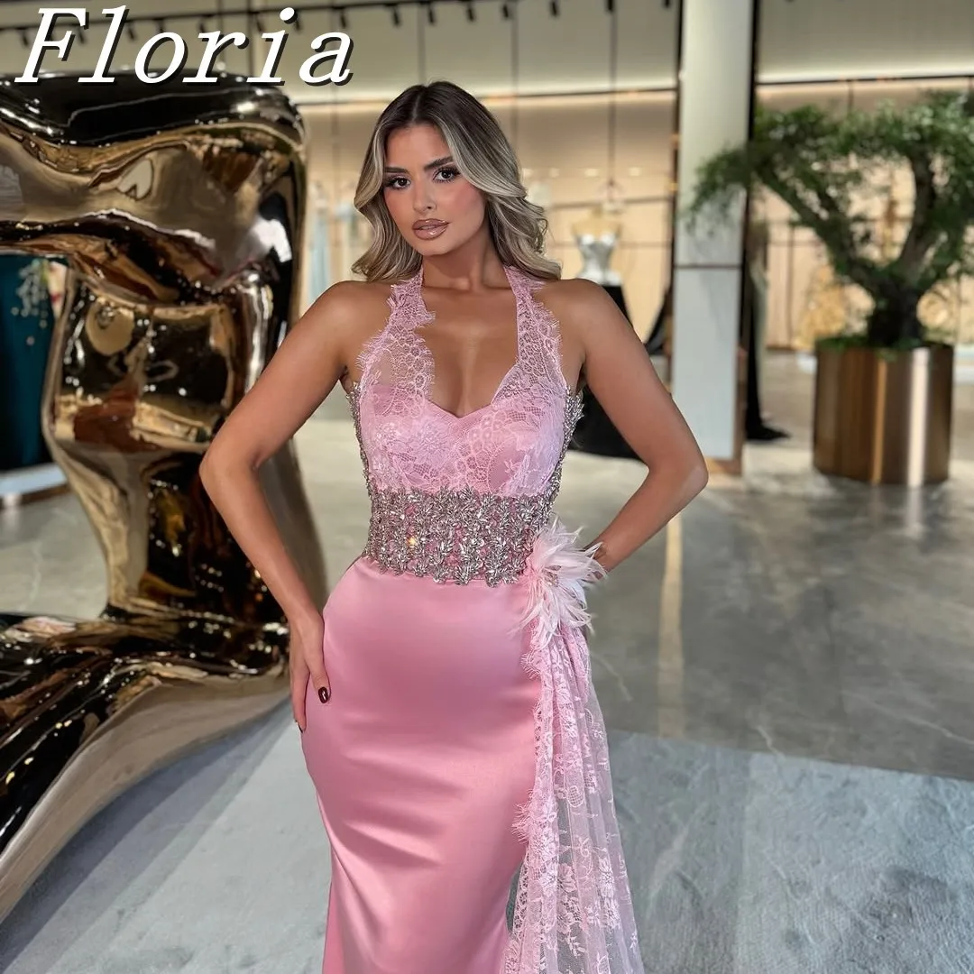 

Pink Satin Mermaid Evening Dress with Lace Perspective Sparkling Beads Customized Halter Ball Wedding Party Fashion Dress