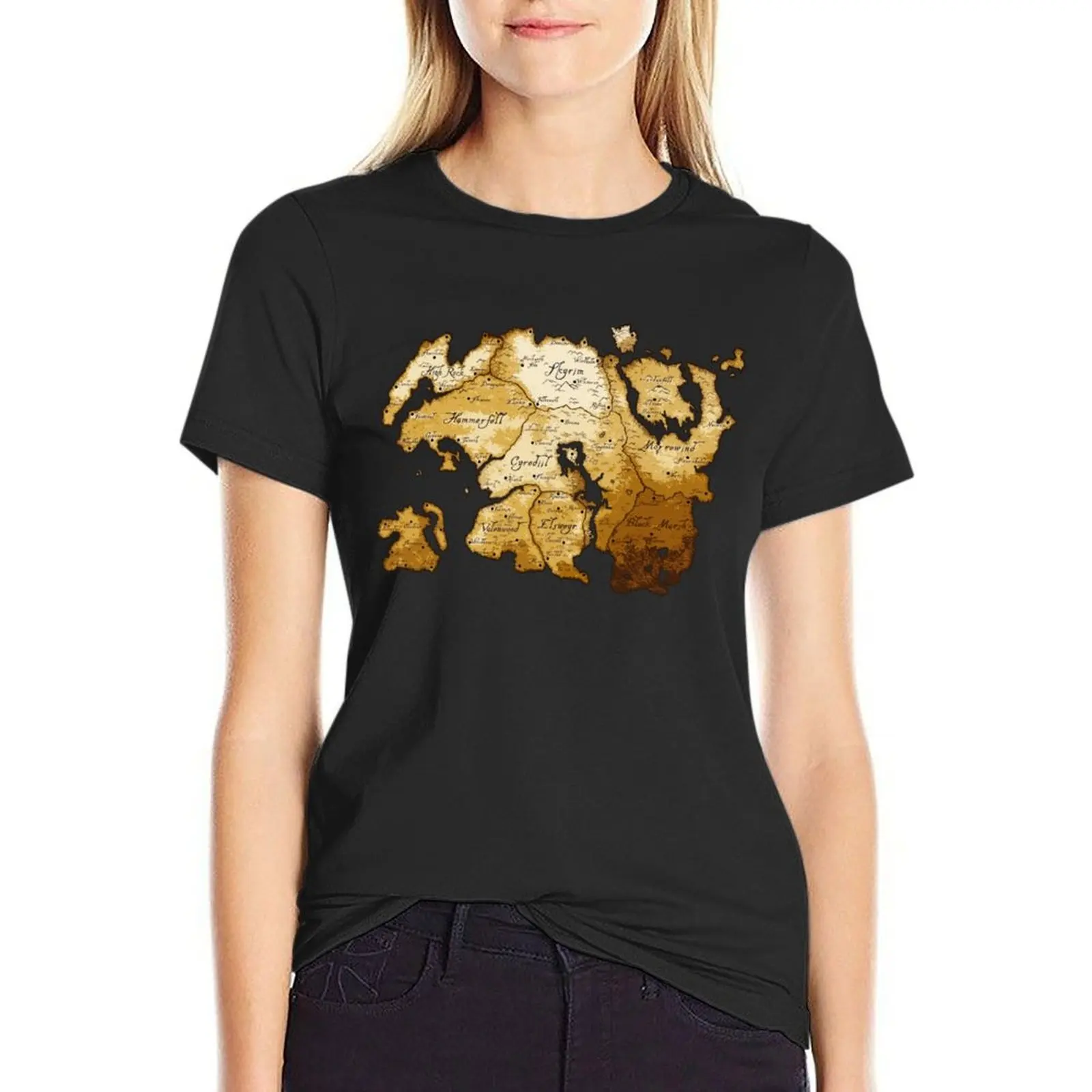

Aged Scrolls Fantasy Map Vector Minimalist Ancient RPG DnD Tamriel Elder ESO Online Summerset T-Shirt summer top Women clothes