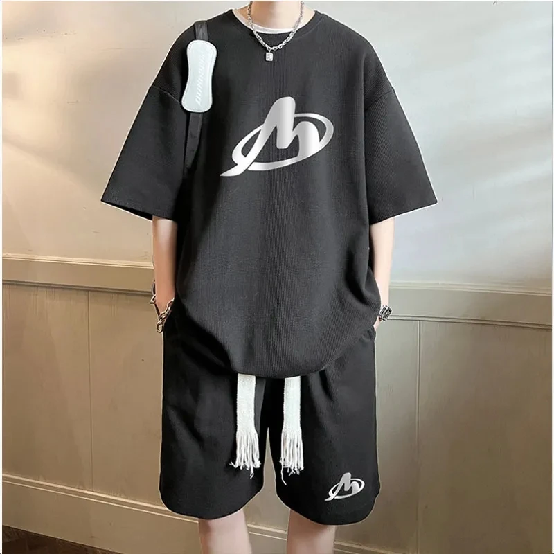 Oversized Summer Short Sleeve T-shirt Men\'s Suit Design Pocket Chic Ins Fashion Loose Casual Couple Costume Shorts 2 Piece Set