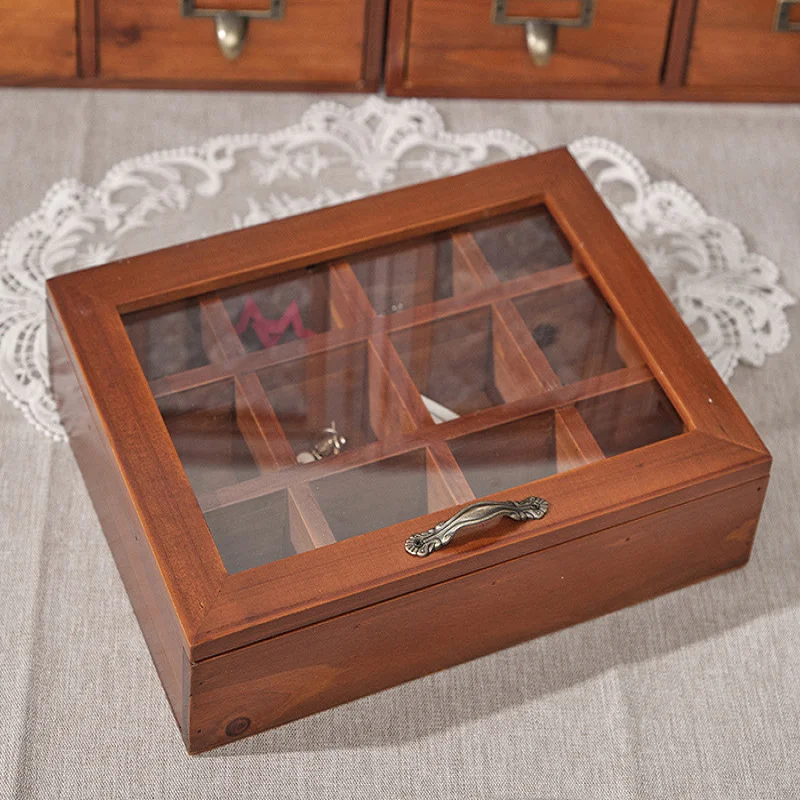 

Vintage solid wood jewelry box Desktop storage box Wooden jewelry box play lattice storage box lattice glass cover wooden box