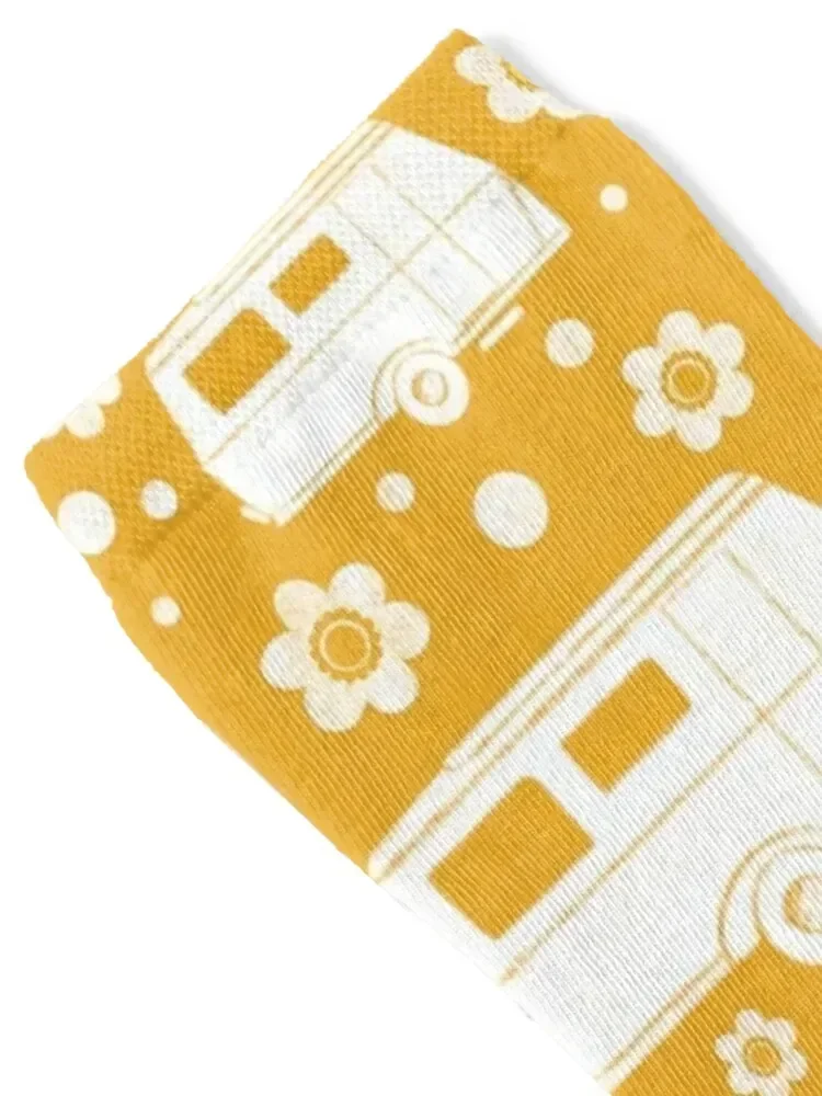 Vintage Caravan block print in mustard yellow and white Socks Argentina fashionable funny gift Boy Socks Women's