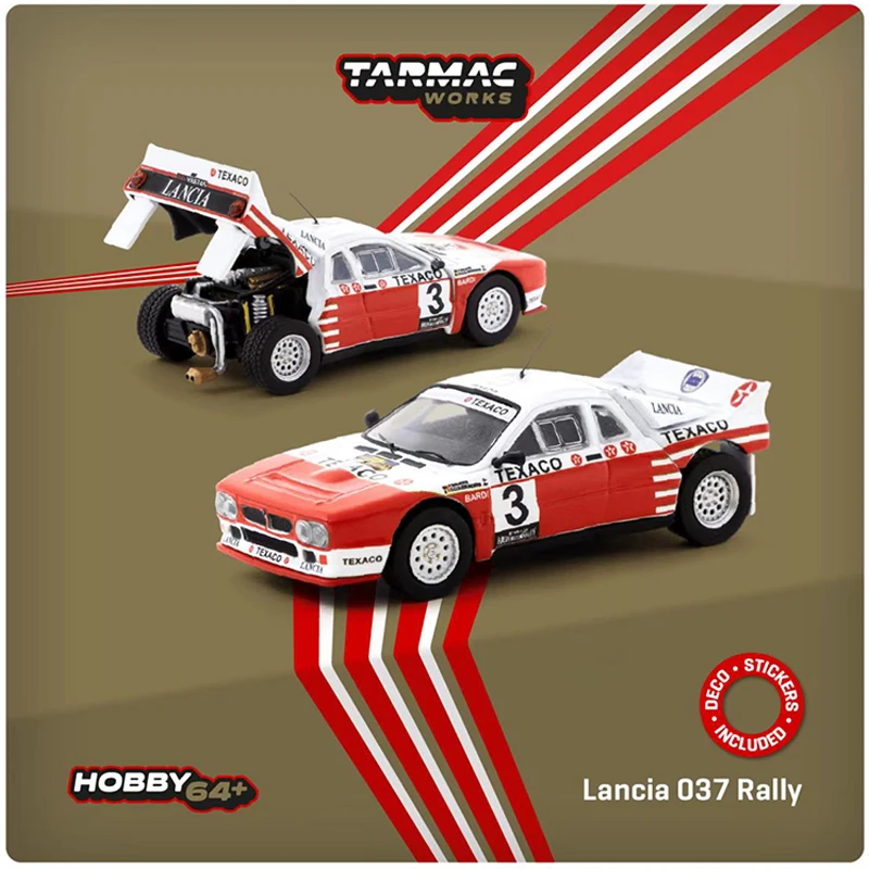 Tarmac Works Rally Van Haspengouw 1985 Vencedor com abertura do capot traseiro, veículo de liga do motor pintado, 1:64 Model Car 037