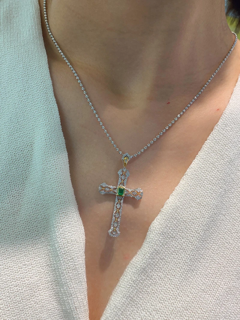 Kugg 100% 18k branco + pingente de ouro amarelo feminino vintage estilo cruz luxo diamante natural esmeralda pedra preciosa colar pingente