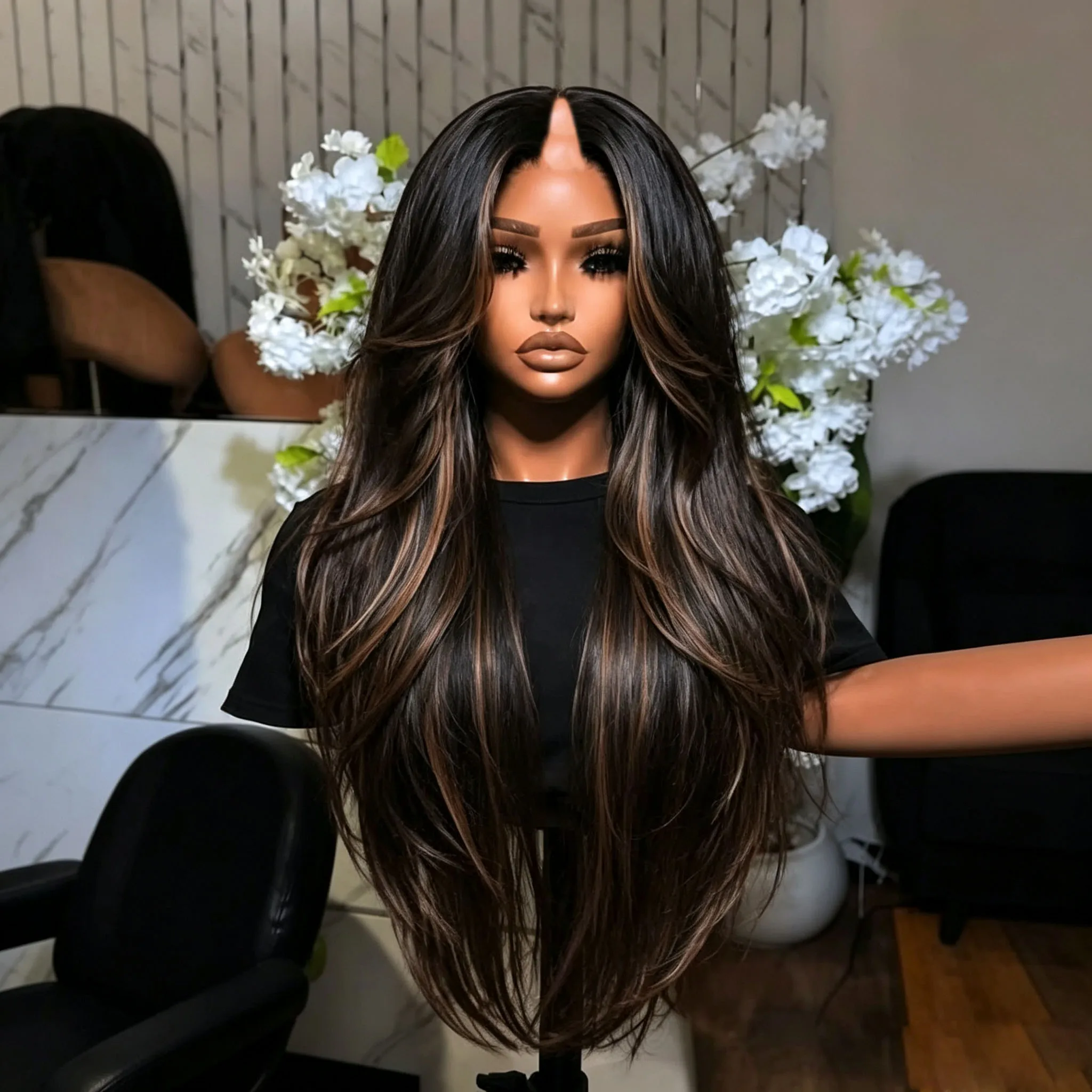 Brown Highlight Balayage Easy Install Natural Wave Honey Blonde Human Hair U Part Wigs Black Women Hair Replacement V Part Wigs