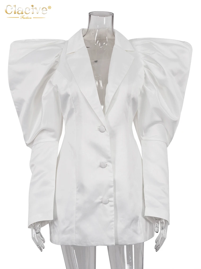 Clacive-女性のだぶだぶのベージュのサテンドレス、エレガントなラペル、パフスリーブ、ミニドレス、カジュアル、クラシック、シルキー、女性、ファッション、2024