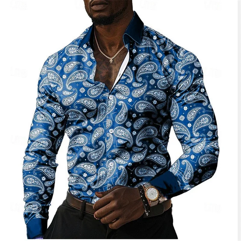 Western denim style casual men\'s print shirt street vacation summer lapel long sleeve 12 color XS-6XL large size shirt