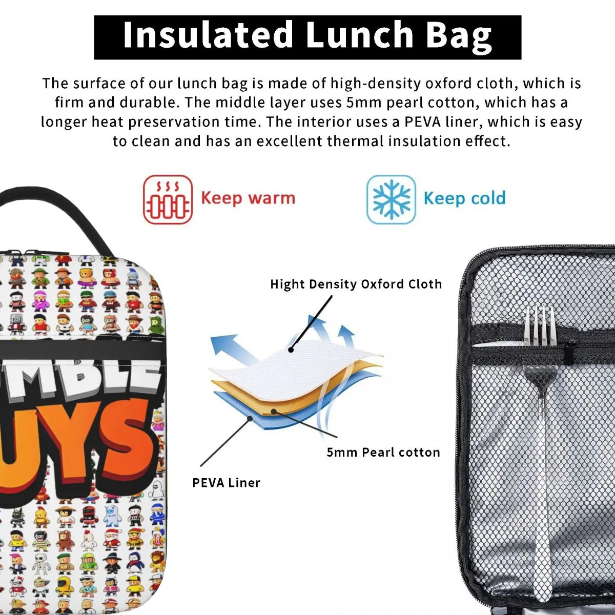 Stumble Guys Funny Game bolsa de almuerzo aislada, bolsa térmica Fiambrera portátil para niños y niñas, contenedor de comida, Picnic de trabajo