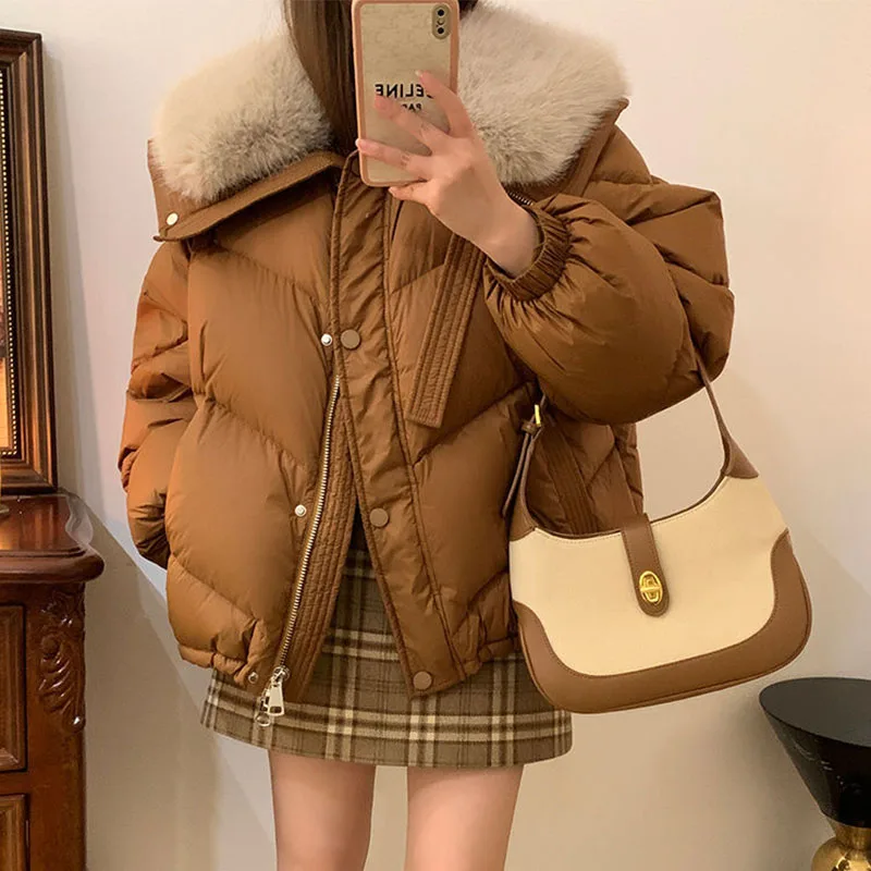 Fashion Fur Collar Short Padding Cotton Now Korean Loose Turn-down Collar Zipper Shut Up Thermal Bright Line Decoration Fur Coat