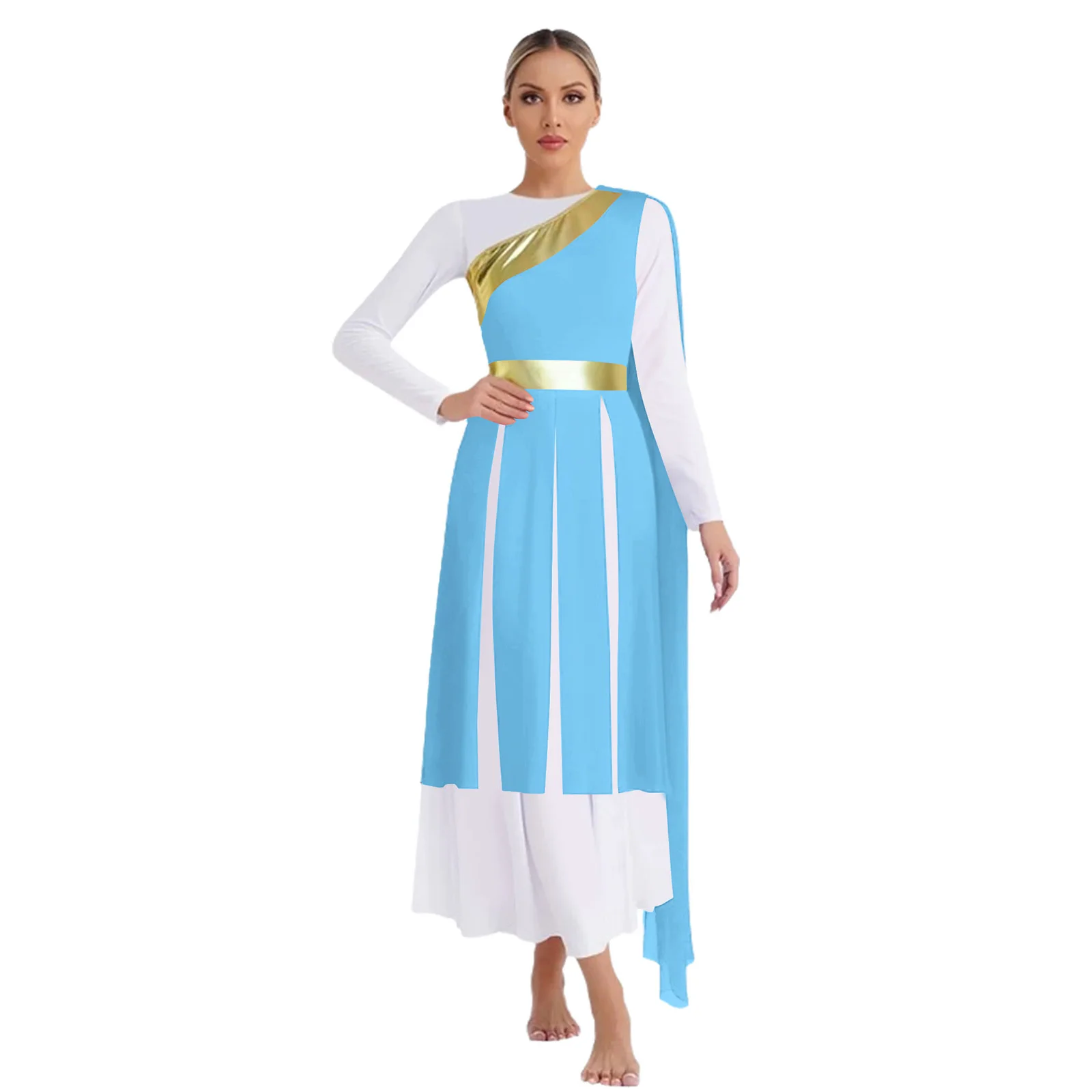 إمرأة غنائي العبادة الثناء الباليه عروض الرقص زي كتف واحد مع ثنى معدني لامع شق هيم تونك فستان #3