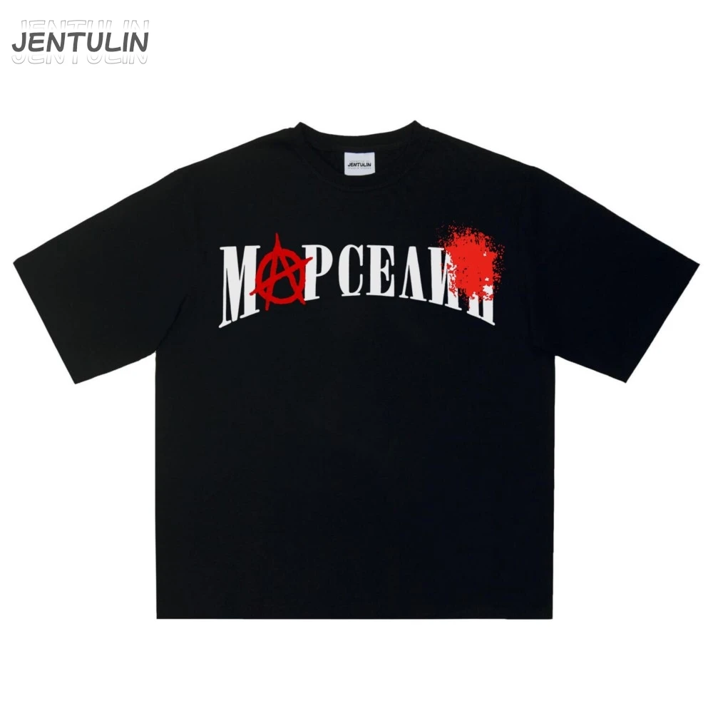 Harajuku Oversized Streetwear Men's Clothing Marselin Graphic Print Tshirt Cotton Hip Hop Aesthetic Short Sleeve Tops Gothic Y2k