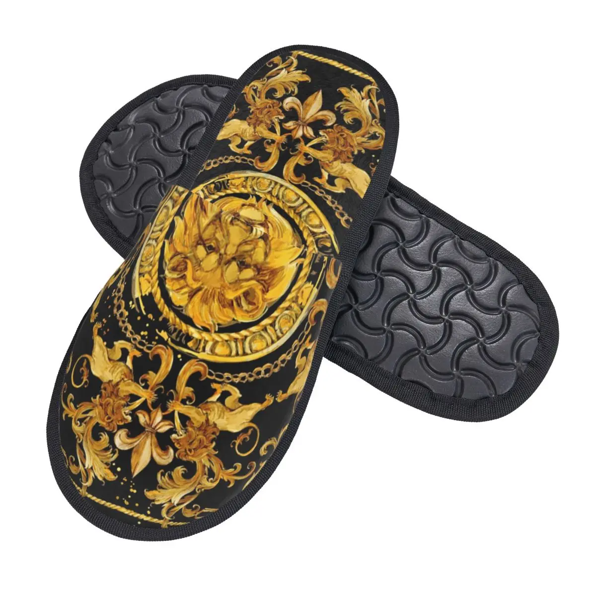 Custom Golden Lion And Damask Ornament Comfort Scuff Memory Foam Slippers Women Baroque Hotel House Shoes