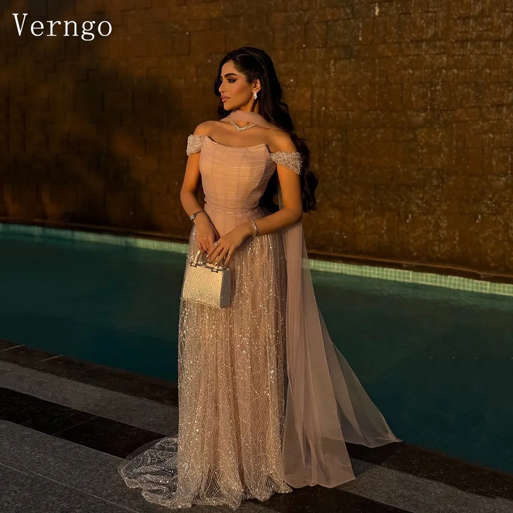 

Verngo Light Pink Sequined Evening Dress Off the Shoulde A Line Prom Party Dress Luxury Floor Length Prom Gowns Customized