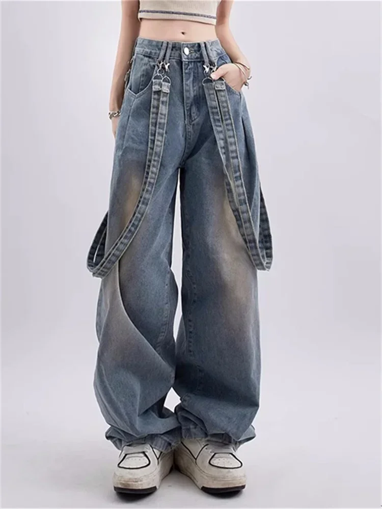 

2024 Women Y2K 90s Vintage Blue Jeans Korean Fashion Retro Wide Leg Overalls Oversized Harajuku Hippie Streetwear Denim Pants