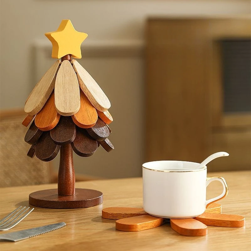 

Christmas Tree Three Piece Insulated Tableware Mat Table Decoration Creative Solid Wood Anti Scald Pot Mat Christmas Gift