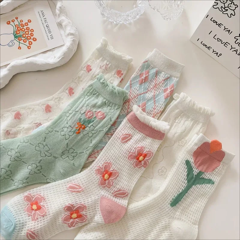 

Летние хлопковые сетчатые носки для девочек, короткие чулочно-носочные изделия с цветами тюльпана, женские милые мягкие тонкие носки с цветочным принтом и рюшами