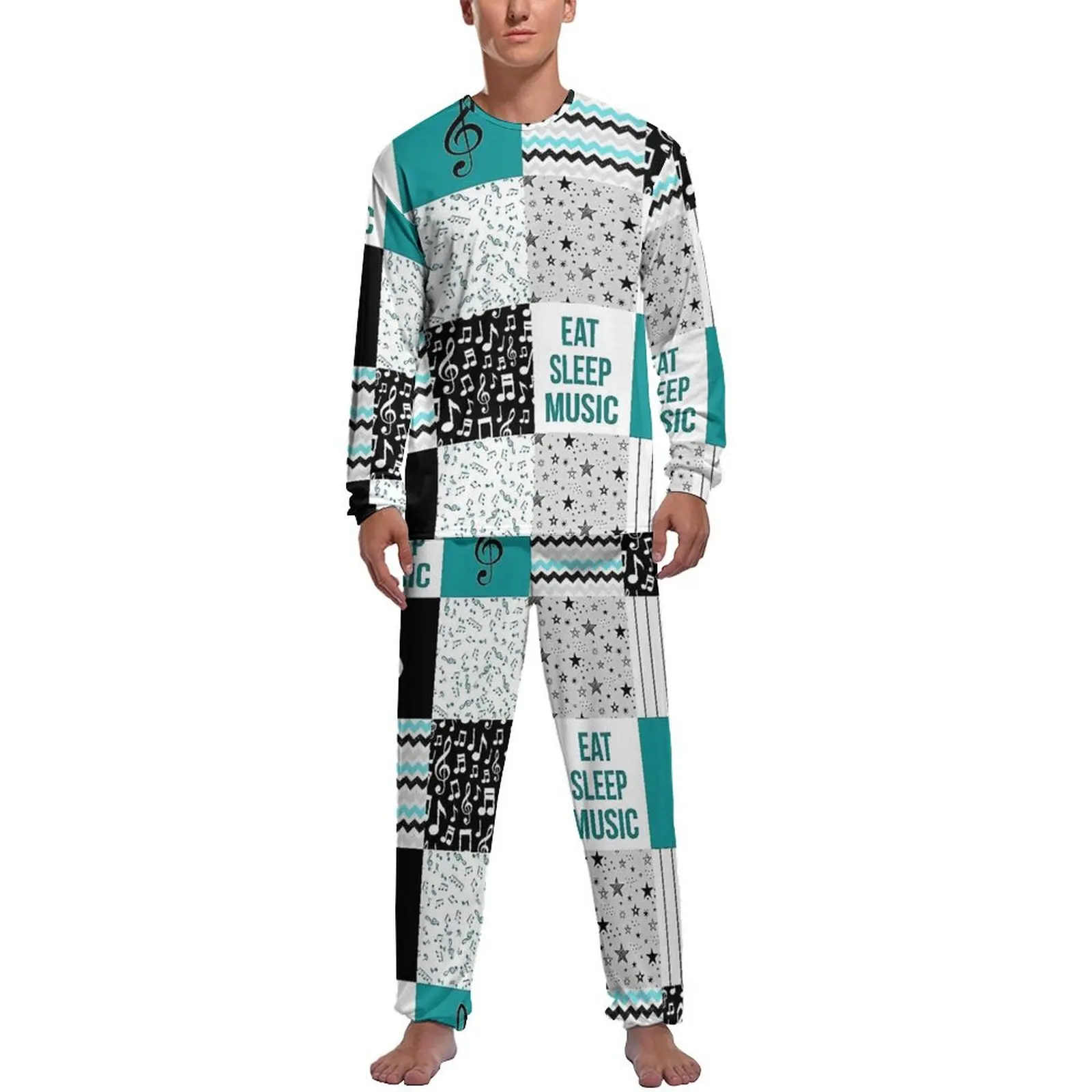 Music Note Flower Pajamas Spring Two Piece Check Print Lovely Pajama Sets Man Long Sleeves Casual Custom Sleepwear