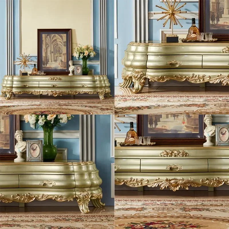 For European Luxury Living Room Royal Classic Carved Wooden TV Stand Cabinet With Drawer Storage Furniture Set Home Decor