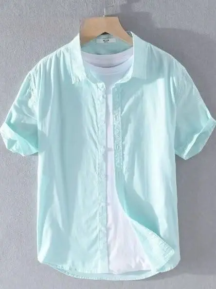 

Men's Casual Cotton Linen Shirt Short Sleeve Slim Fit Breathable Thin Collar Spring Summer Lightweight White Casual Shirt