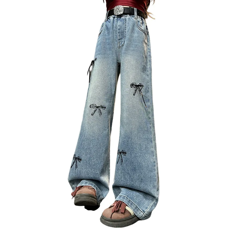 

Girls' Jeans 2025 Spring New Teenager Children's Three-dimensional Bow Denim Pants Kids Straight Leg Loose Wide-leg Trousers