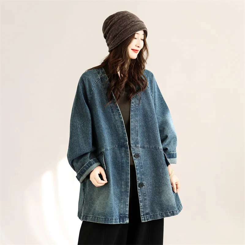 SuperAen Autumn New Fashion Vintage Loose Oversized Long-sleeved Washed Denim Coat for Women High Street Coats