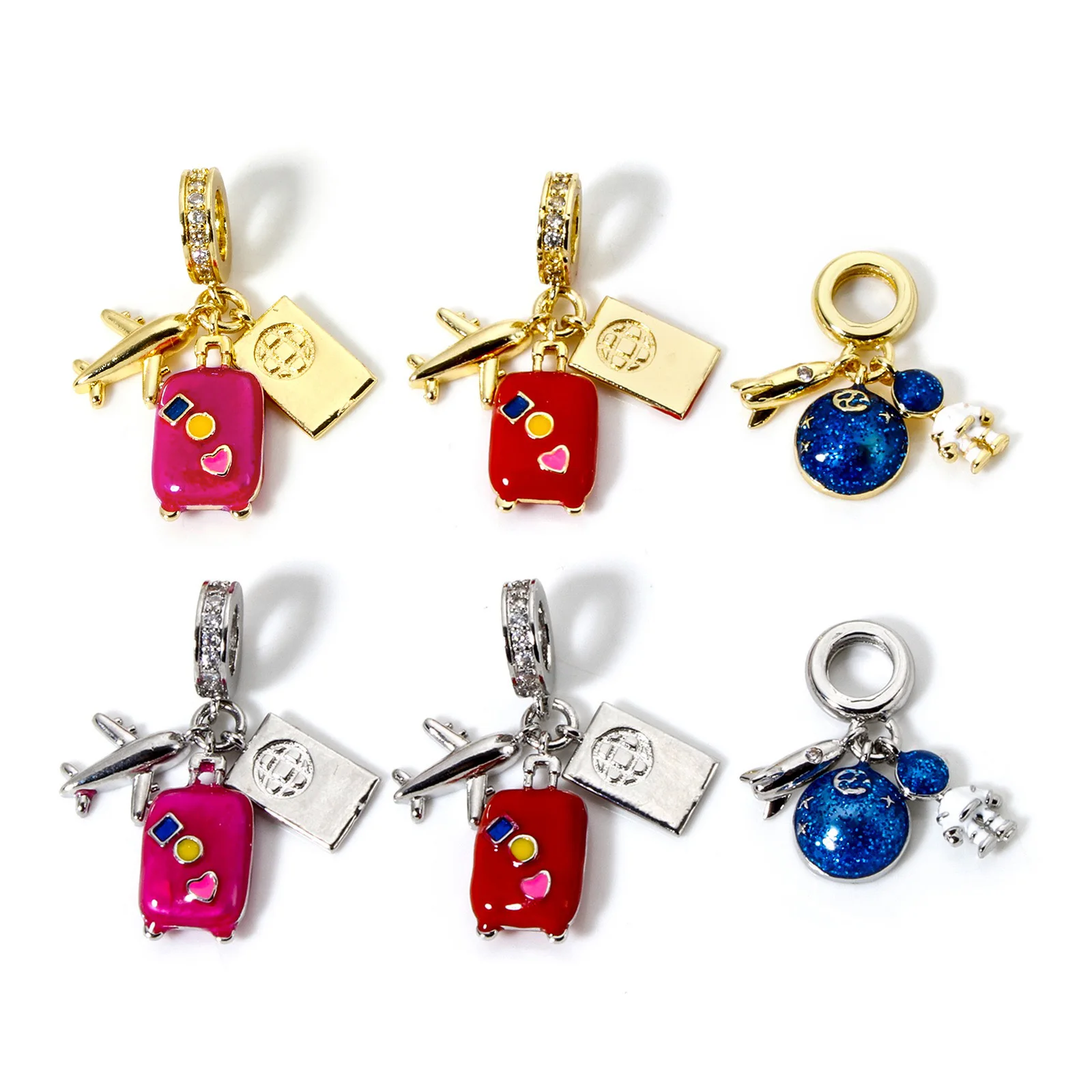 1 pieza de colgante de latón esmaltado, maleta con ruedas para equipaje, colgante de planeta del universo para pulsera, collar, fabricación de joyas