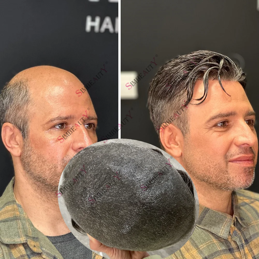 Super Light 80%-90% Density Human Hair Toupee Wigs 0.02mm Thinnest Poly Vloop Natural Hairline Capillary Prosthesis for Bald Man