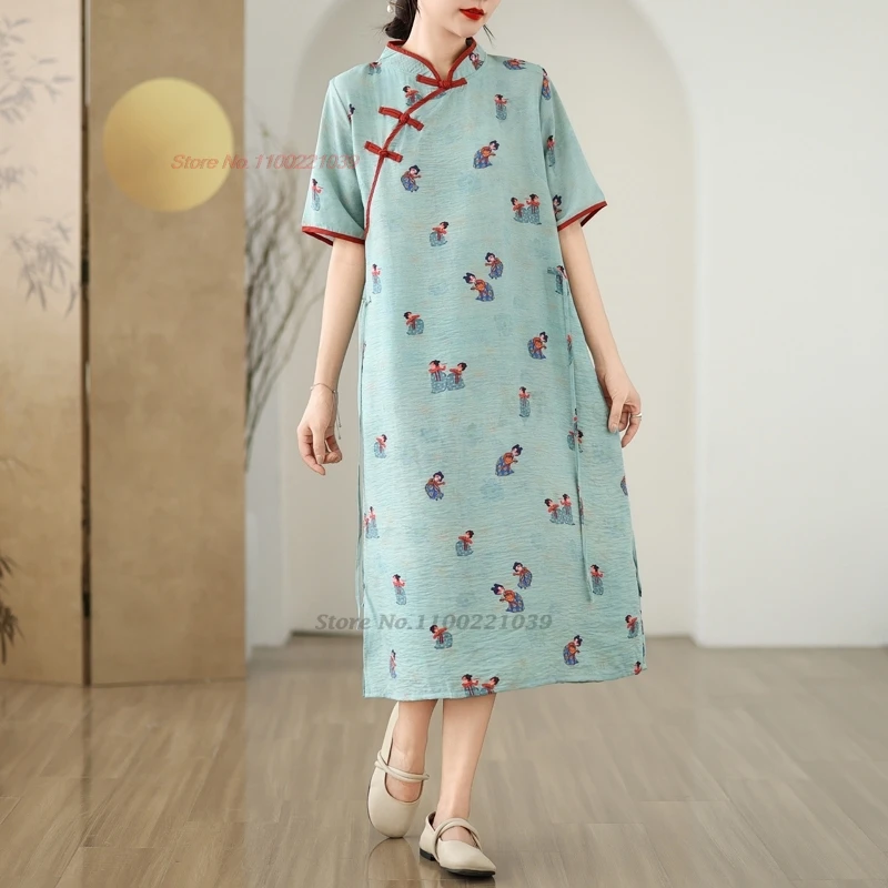 

2024 chinese improved qipao dress vintage folk dress cheongsam national flower print folk dress oriental traditional loose dress