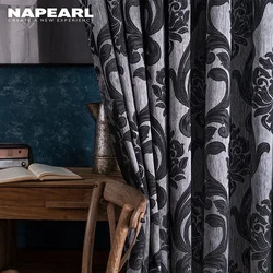 NAPEARL Luxury European Pattern Curtains For Bedroom Living Room Window Treatments Jacquard Semi Blackout Curtain Black