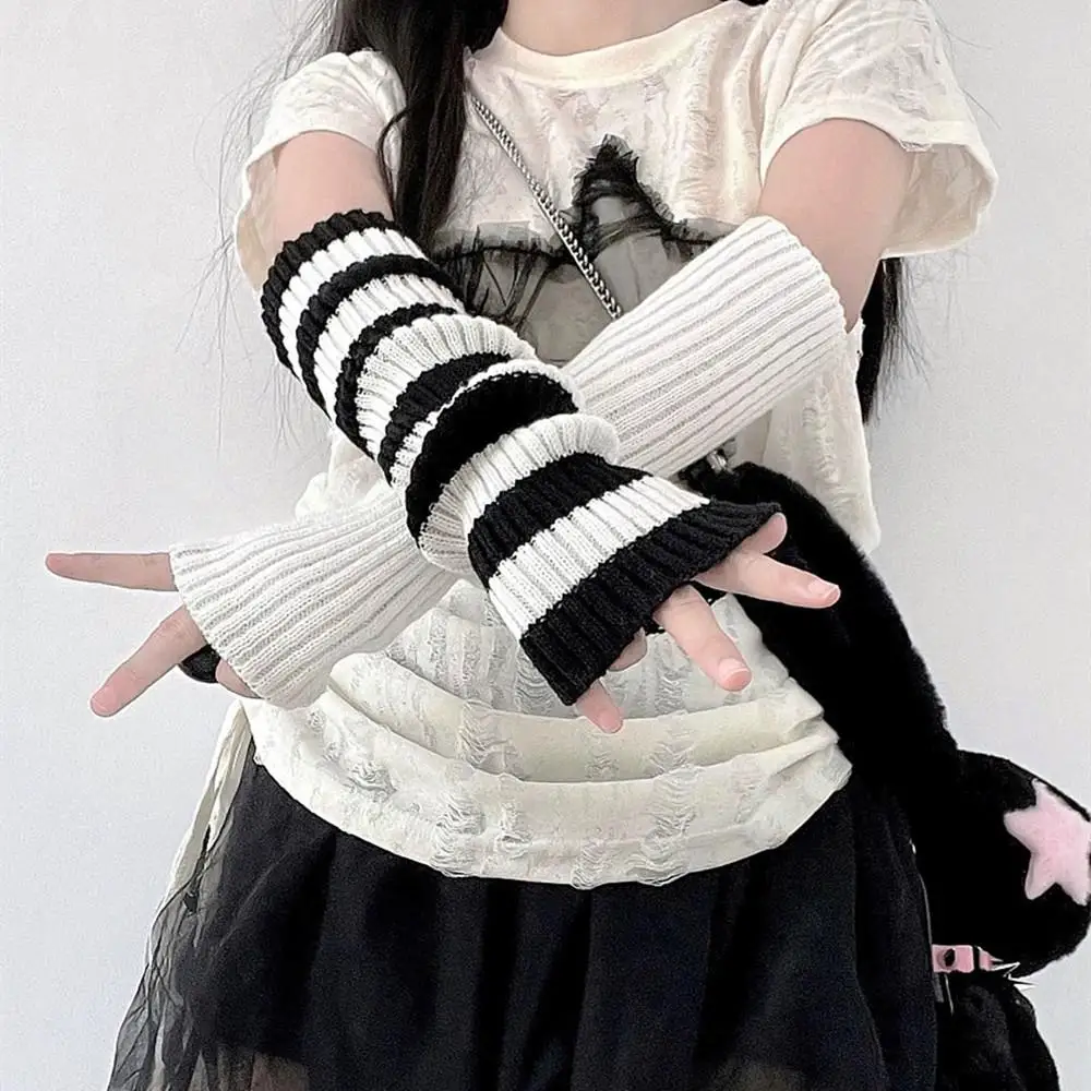 Y2K Harajuku موضة المرأة محبوك مخطط الكوع قفازات القوطي الشرير أصابع أكمام أذرع تبريد تأثيري أنيمي قفازات الشتاء مدفئات للذراع