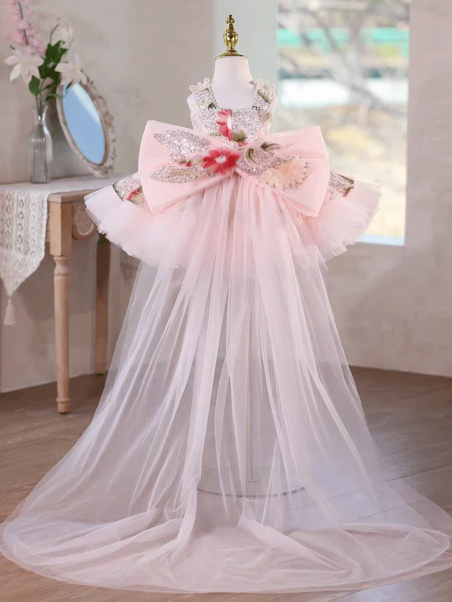Custom Sleeveless Sequin Flower Girl Dress With Detachable Train For Wedding Birthday Party Pageant Gown Kids Formal Prom Ball