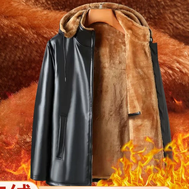 

Luxury Black Leather Jacket Wool Lining Warm Men's Clothing Casual Hooded Jacket PU Leather Coats Windproof Outerwear New Chic