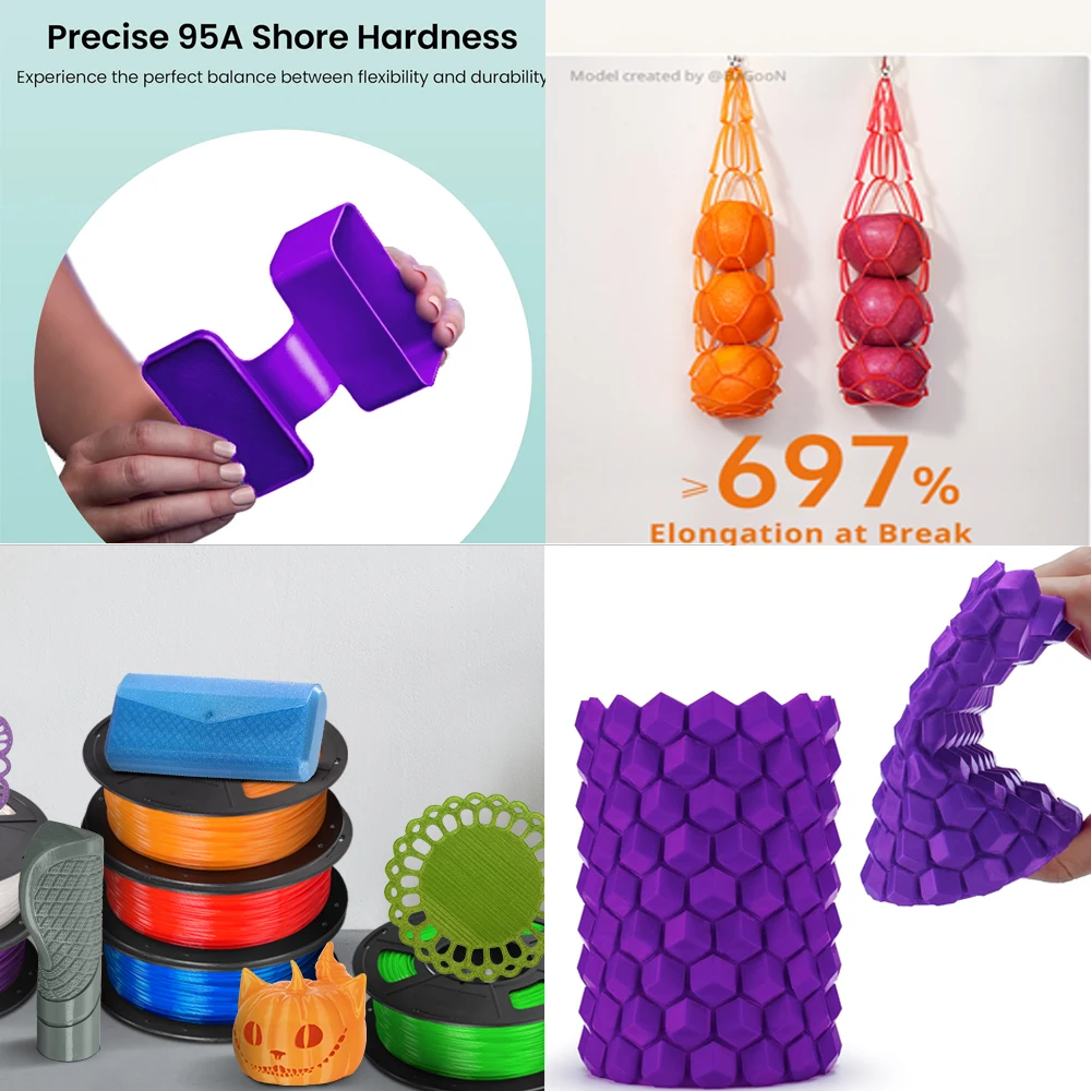 خيوط طابعة TPU ثلاثية الأبعاد 1.75 مم، خيوط TPU شفافة عالية السرعة 95 أمبير، 250 جم/500 جم/1 كجم، دقة الأبعاد +/- 0.03 مم