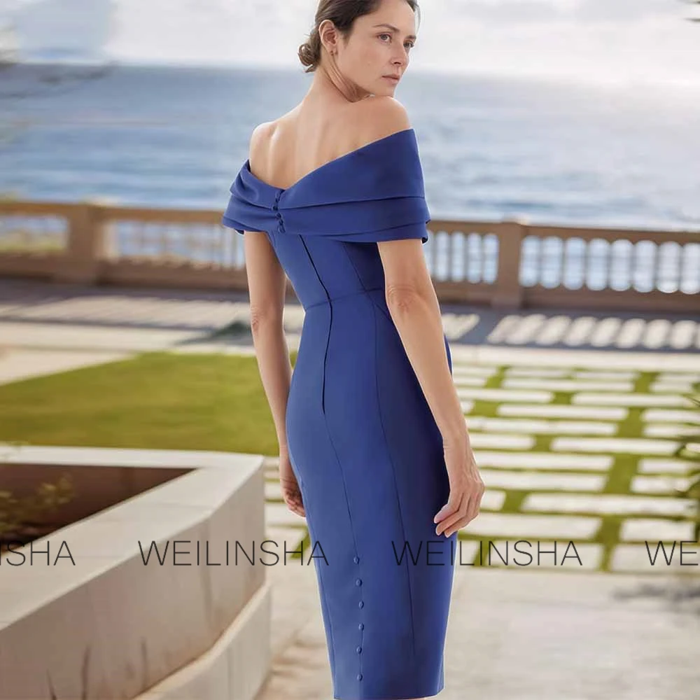 Simple Guest Wedding Party Dresses Jersey Sheath/Column Cocktail Dress Mist Blue Off-the-shoulder Pleat Covered Button Prom Gown