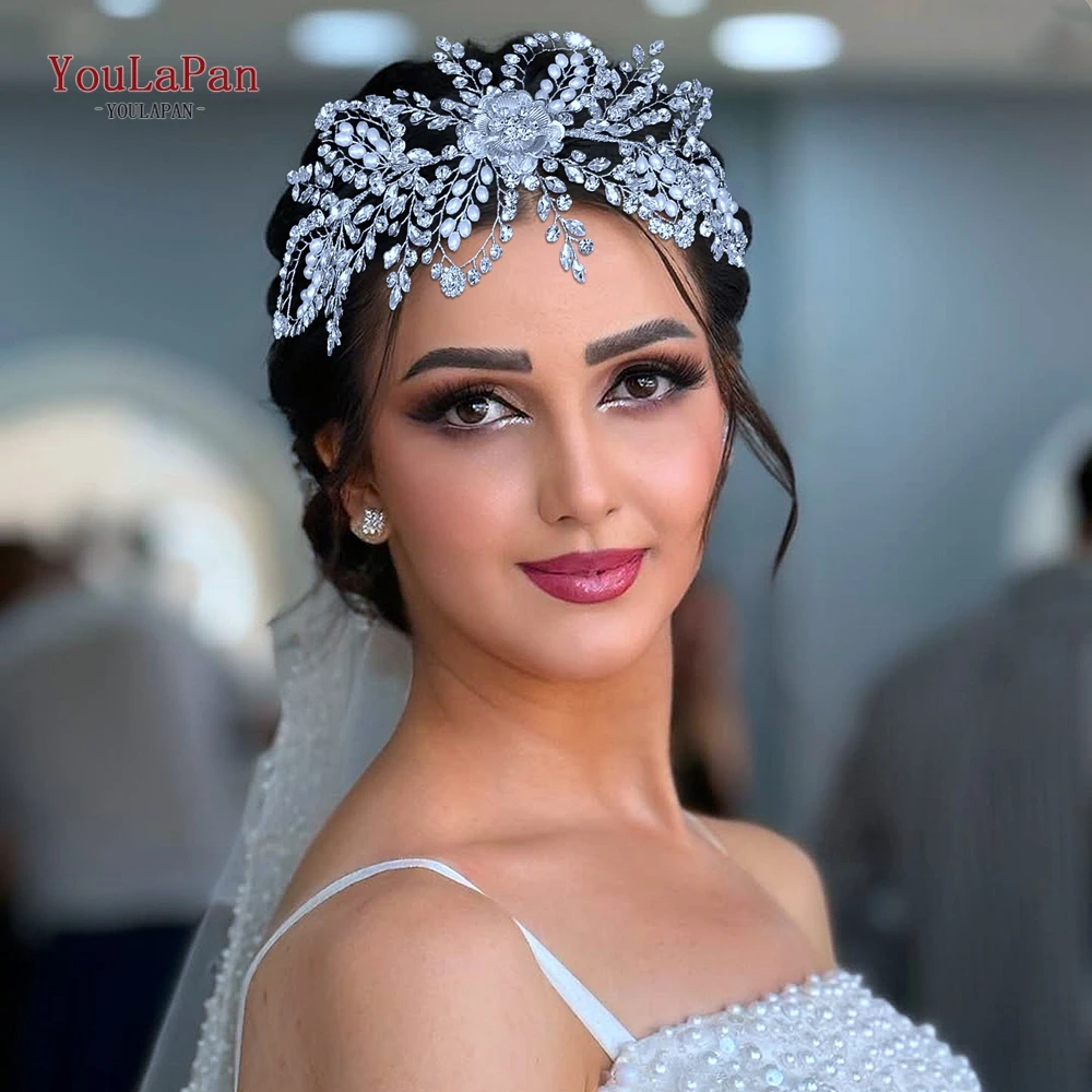 YouLaPan Silver Color Wedding Bridal Wide Headband Hair Accessories Handmade Rhinestone Flower Hair Band Women Headdress HP893