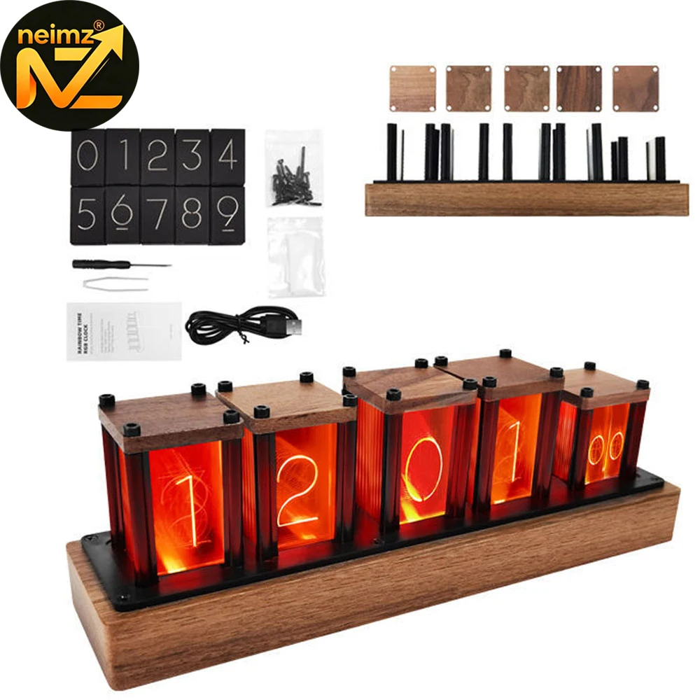 Original Version DIY Wooden Nixie Tube Clock with Colorful RGB LED Glows for Game Room Decoration.Luxury Packing for Gift Idea