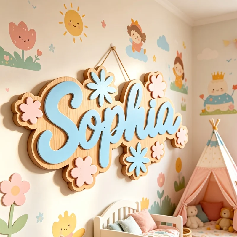 Personalized Floral Themed Name Room Sign, Customizable Pastel Flower Door Plaque, Nursery Bedroom Decor, Sweet Hanging Gift