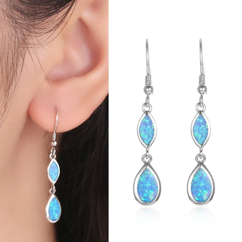 925 Silver Jewelry Boho Ethnic Blue Opal Drop Dangle Earrings for Women Tribal Vintage Pendientes Mujer Moda Luxury Jewelry