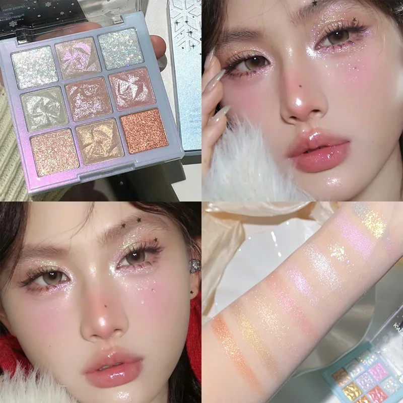 เกล็ดหิมะอายแชโดว์เก้าสี Pearl Fine Glitter Contour Eyes Makeup Palette แชมเปญ Gold Compact Eyeshadow Palette