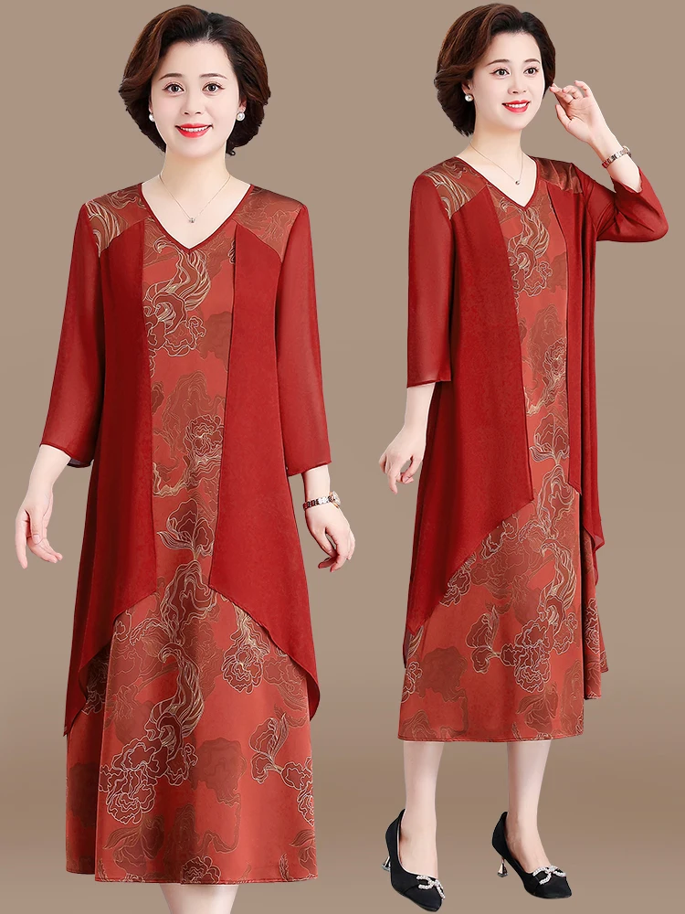 

Ele plus Size Summer Dr for Mom Faionable Chiffon Long Skirt mid Age Women High Quali Polyester Fiber V-Ne Midi ...