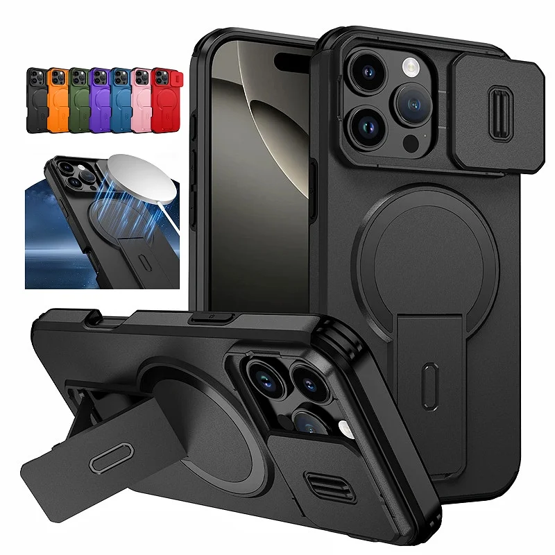 Магнитный чехол для беспроводной зарядки Magsafe для iPhone 16, 15, 14, 13, 12, 11 Pro Max Plus 16e, защитная крышка с скользящей подставкой для объектива
