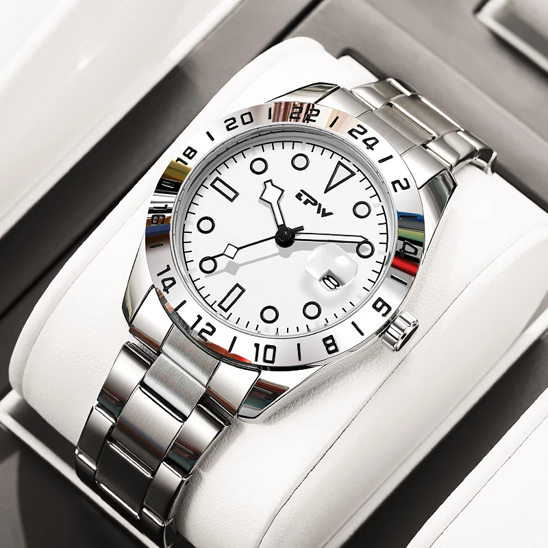 2026 TPW 40mm Quarzuhr mit Edelstahlarmband, Leuchtanzeige, drehbarer Lünette und Datumsfunktion